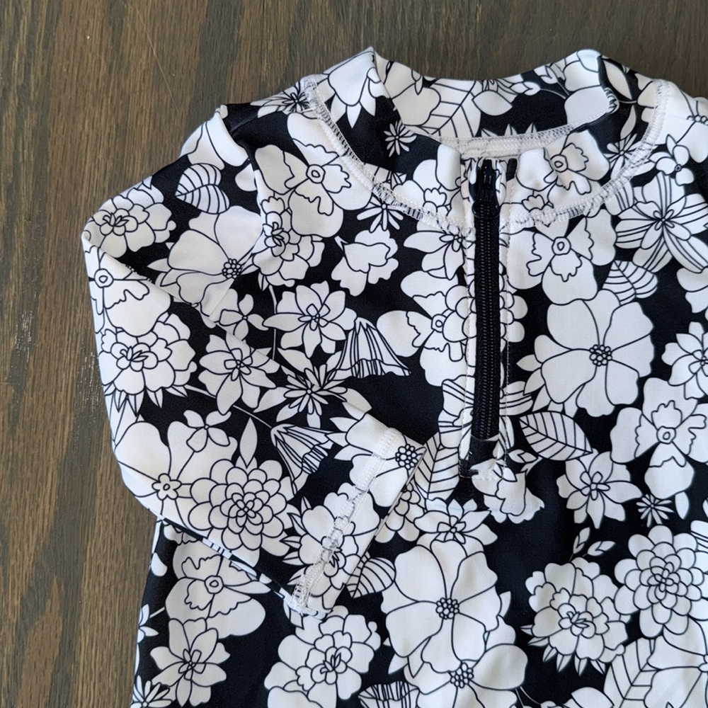 Black & White Floral Baby One-Piece Rash Guard 3-6 M - Picture 2 of 7